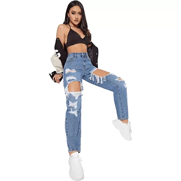 SweatyRocks Women's Ripped Straight Leg Jeans High Waist Distressed Cutout Denim Pants