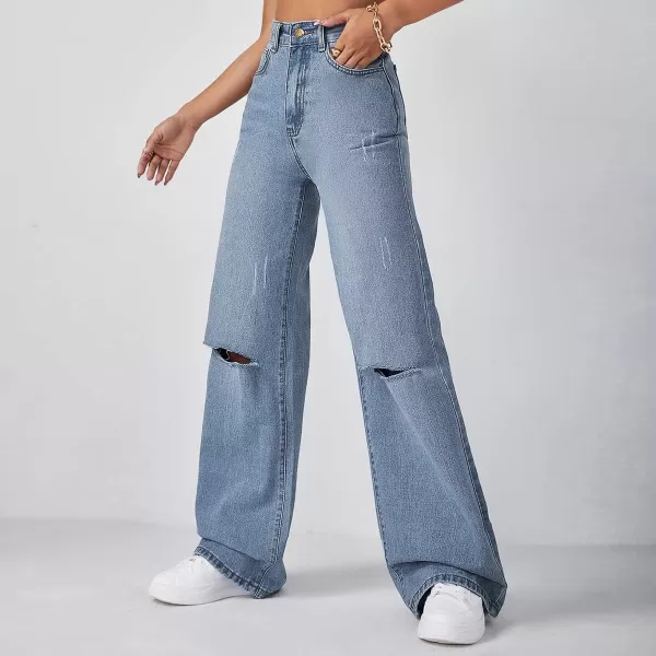SweatyRocks Women's Ripped Straight Leg Jeans High Waist Distressed Cutout Denim Pants