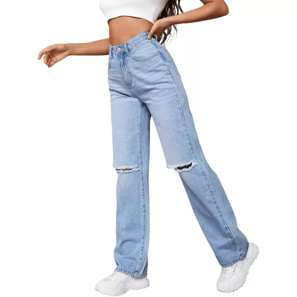 SweatyRocks Women's Ripped Straight Leg Jeans High Waist Distressed Cutout Denim Pants