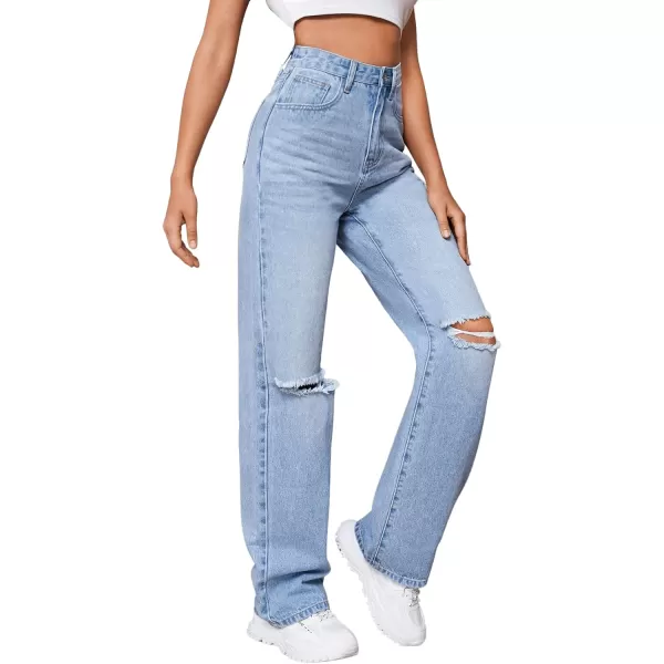 SweatyRocks Women's Ripped Straight Leg Jeans High Waist Distressed Cutout Denim Pants