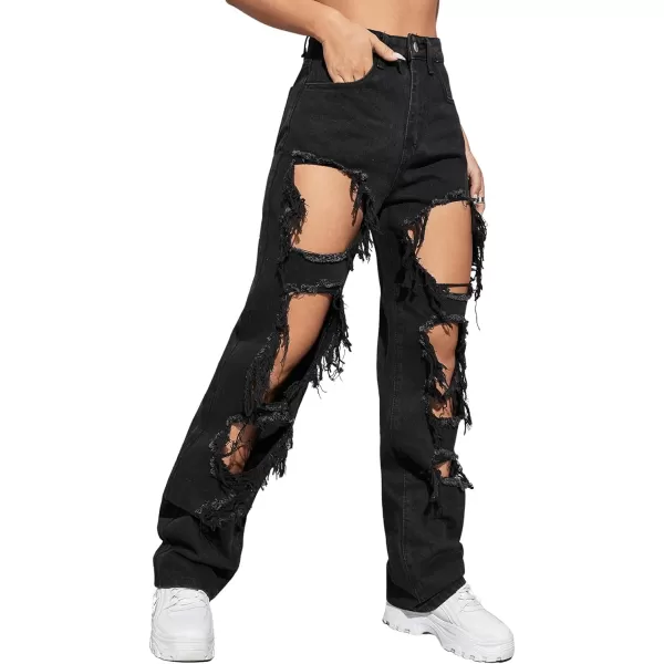 SweatyRocks Women's Ripped Straight Leg Jeans High Waist Distressed Cutout Denim Pants