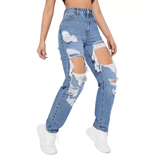 SweatyRocks Women's Ripped Straight Leg Jeans High Waist Distressed Cutout Denim Pants