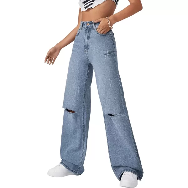 SweatyRocks Women's Ripped Straight Leg Jeans High Waist Distressed Cutout Denim Pants