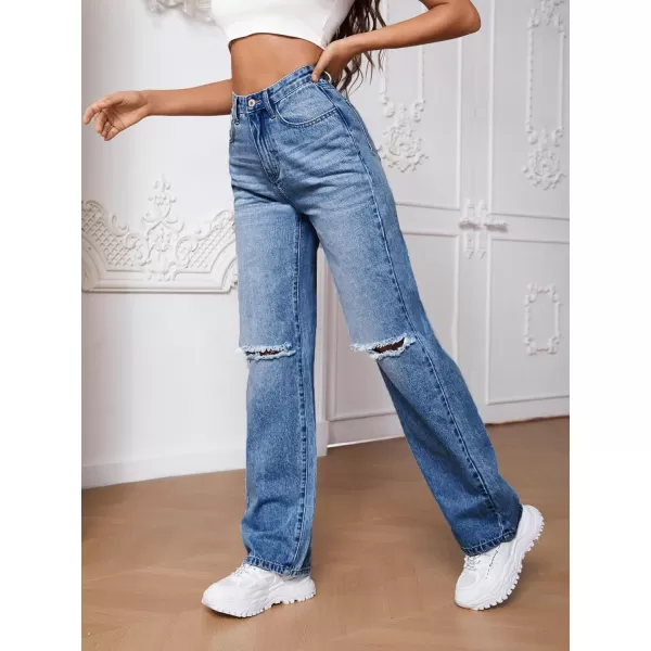 SweatyRocks Women's Ripped Straight Leg Jeans High Waist Distressed Cutout Denim Pants