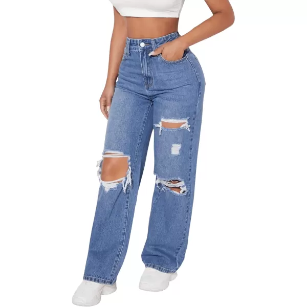 SweatyRocks Women's Ripped Straight Leg Jeans High Waist Distressed Cutout Denim Pants