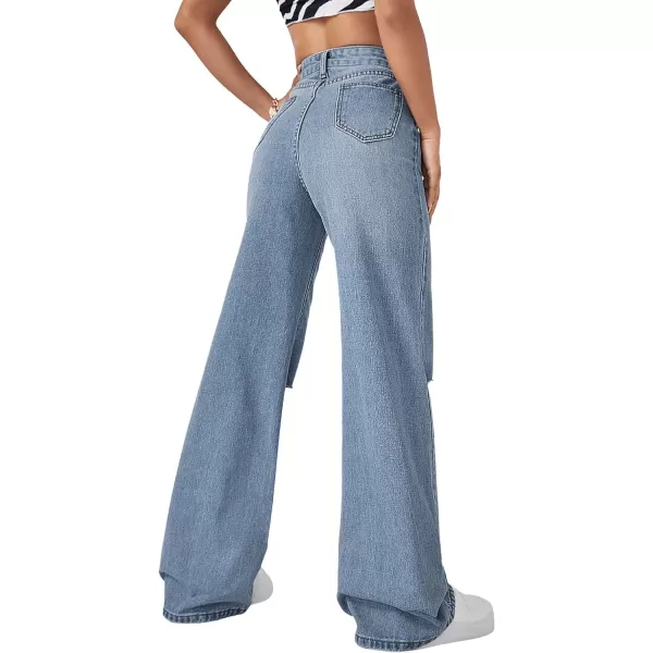 SweatyRocks Women's Ripped Straight Leg Jeans High Waist Distressed Cutout Denim Pants