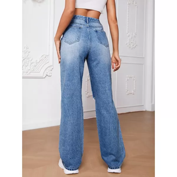 SweatyRocks Women's Ripped Straight Leg Jeans High Waist Distressed Cutout Denim Pants