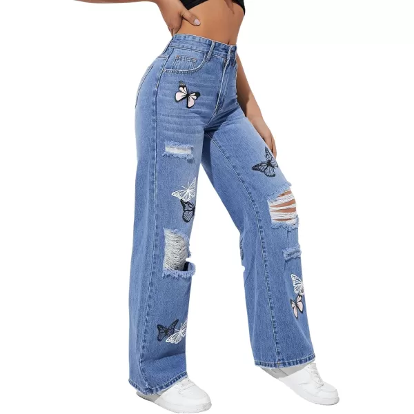 SweatyRocks Women's Ripped Straight Leg Jeans High Waist Distressed Cutout Denim Pants