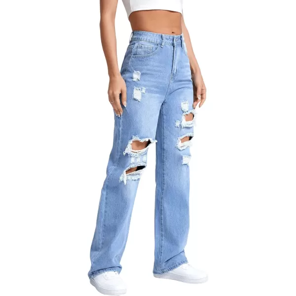 SweatyRocks Women's Ripped Straight Leg Jeans High Waist Distressed Cutout Denim Pants