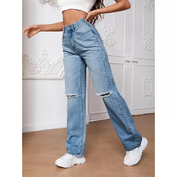 SweatyRocks Women's Ripped Straight Leg Jeans High Waist Distressed Cutout Denim Pants