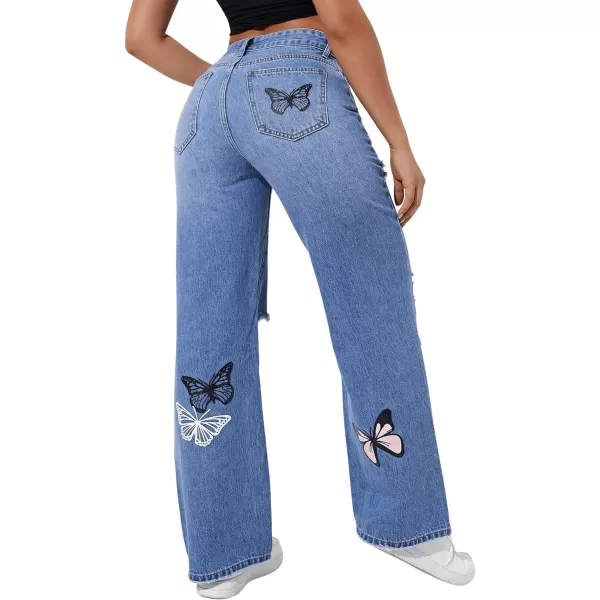 SweatyRocks Women's Ripped Straight Leg Jeans High Waist Distressed Cutout Denim Pants