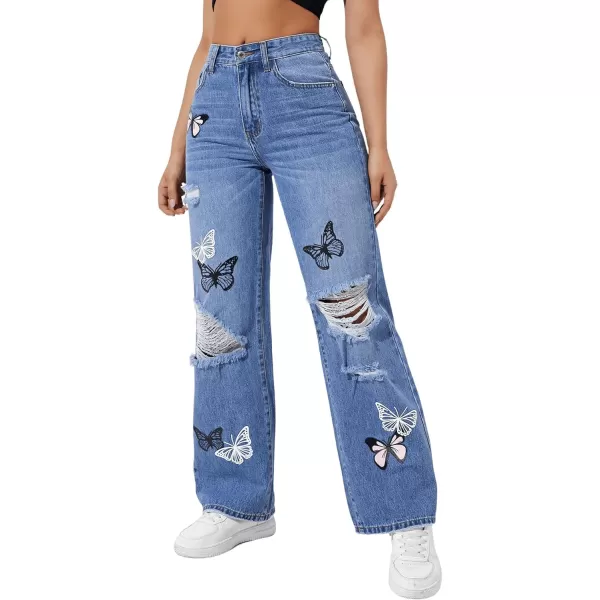 SweatyRocks Women's Ripped Straight Leg Jeans High Waist Distressed Cutout Denim Pants