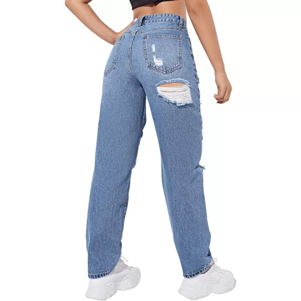 SweatyRocks Women's Ripped Straight Leg Jeans High Waist Distressed Cutout Denim Pants
