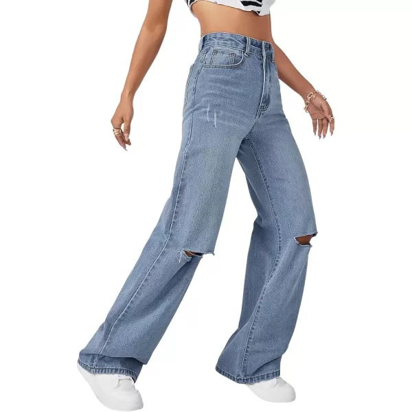 SweatyRocks Women's Ripped Straight Leg Jeans High Waist Distressed Cutout Denim Pants