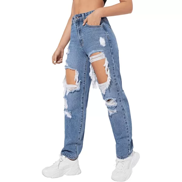 SweatyRocks Women's Ripped Straight Leg Jeans High Waist Distressed Cutout Denim Pants