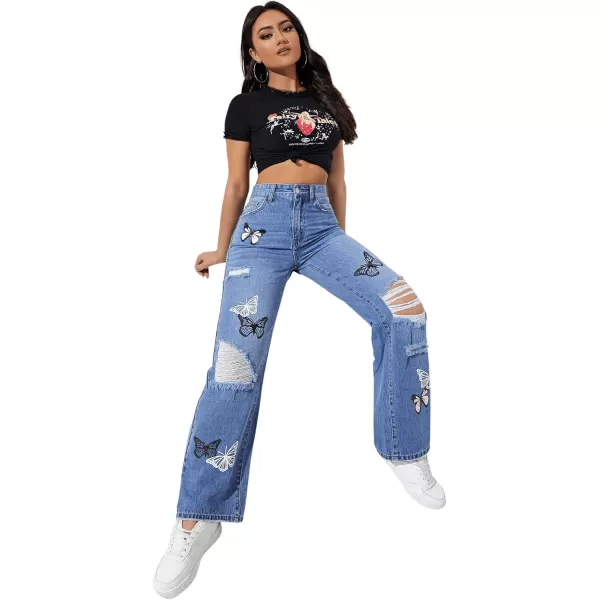 SweatyRocks Women's Ripped Straight Leg Jeans High Waist Distressed Cutout Denim Pants