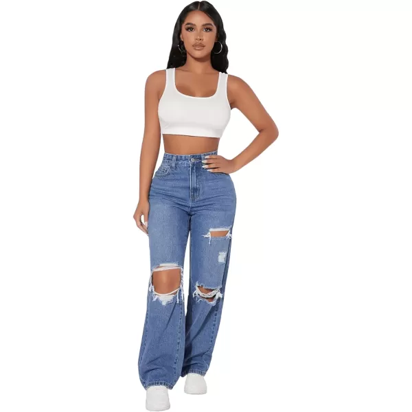 SweatyRocks Women's Ripped Straight Leg Jeans High Waist Distressed Cutout Denim Pants