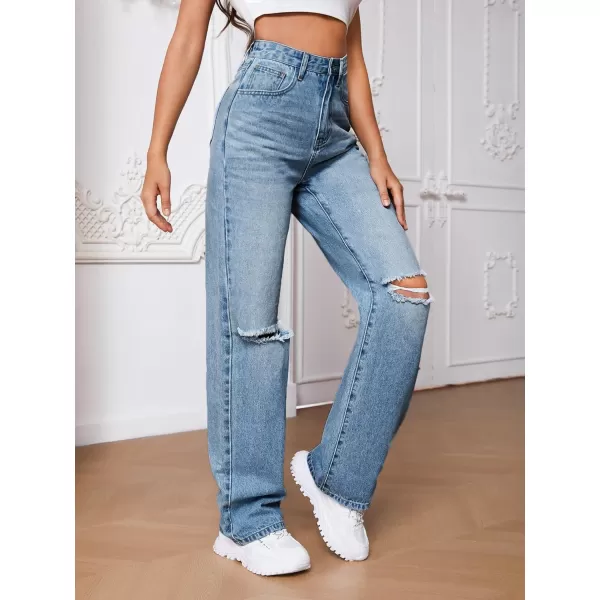 SweatyRocks Women's Ripped Straight Leg Jeans High Waist Distressed Cutout Denim Pants