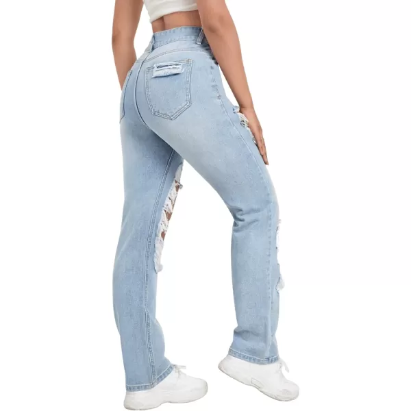 SweatyRocks Women's Ripped Straight Leg Jeans High Waist Distressed Cutout Denim Pants