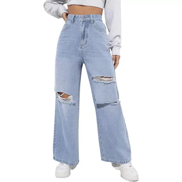 SweatyRocks Women's Ripped Straight Leg Jeans High Waist Distressed Cutout Denim Pants