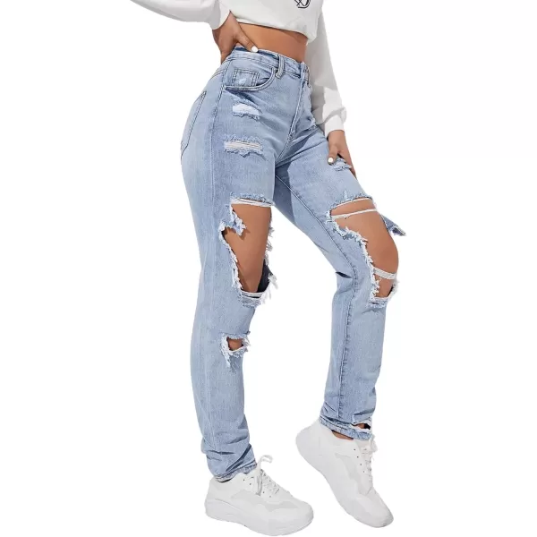 SweatyRocks Women's Ripped Straight Leg Jeans High Waist Distressed Cutout Denim Pants