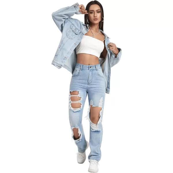 SweatyRocks Women's Ripped Straight Leg Jeans High Waist Distressed Cutout Denim Pants