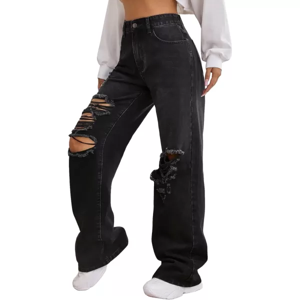 SweatyRocks Women's Ripped Straight Leg Jeans High Waist Distressed Cutout Denim Pants