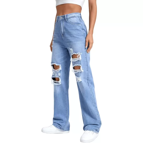 SweatyRocks Women's Ripped Straight Leg Jeans High Waist Distressed Cutout Denim Pants