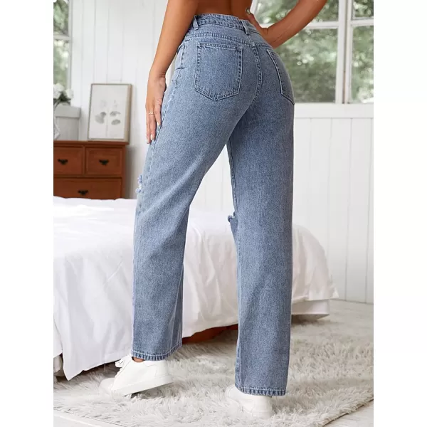 SweatyRocks Women's Ripped Straight Leg Jeans High Waist Distressed Cutout Denim Pants