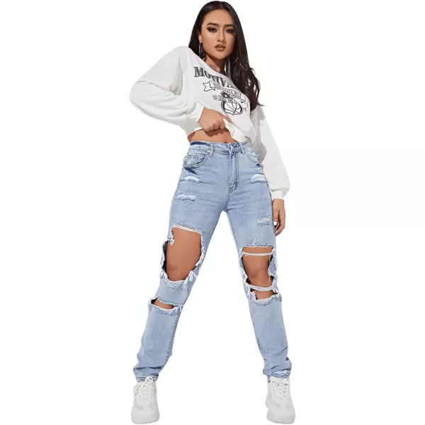 SweatyRocks Women's Ripped Straight Leg Jeans High Waist Distressed Cutout Denim Pants