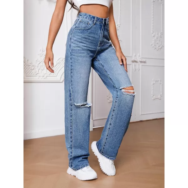 SweatyRocks Women's Ripped Straight Leg Jeans High Waist Distressed Cutout Denim Pants