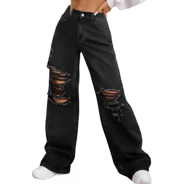 SweatyRocks Women's Ripped Straight Leg Jeans High Waist Distressed Cutout Denim Pants
