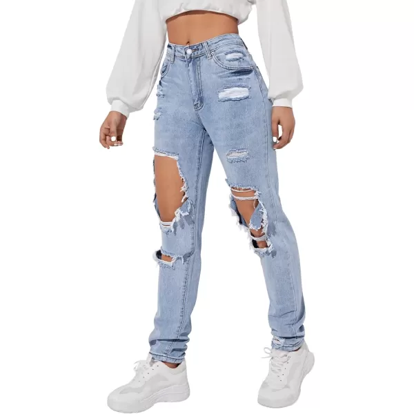 SweatyRocks Women's Ripped Straight Leg Jeans High Waist Distressed Cutout Denim Pants