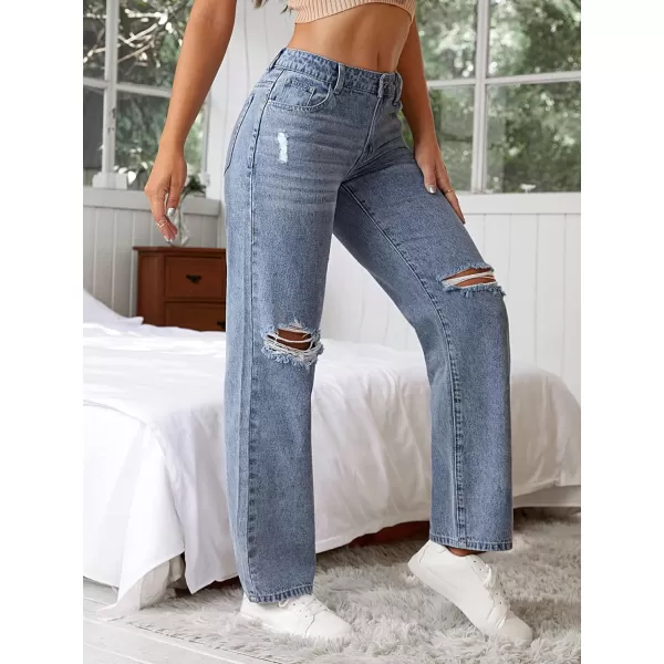 SweatyRocks Women's Ripped Straight Leg Jeans High Waist Distressed Cutout Denim Pants