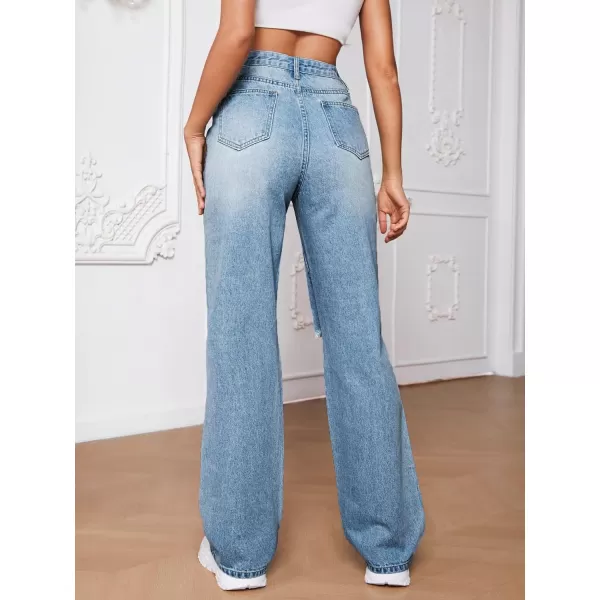 SweatyRocks Women's Ripped Straight Leg Jeans High Waist Distressed Cutout Denim Pants