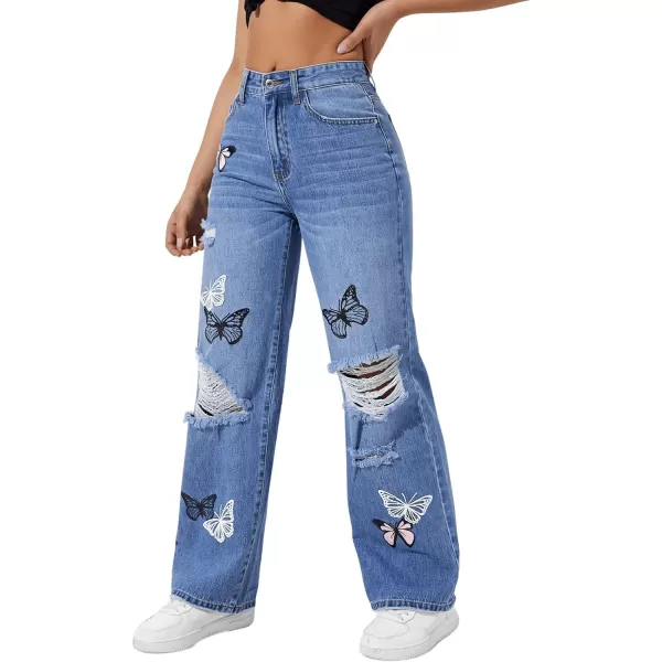 SweatyRocks Women's Ripped Straight Leg Jeans High Waist Distressed Cutout Denim Pants