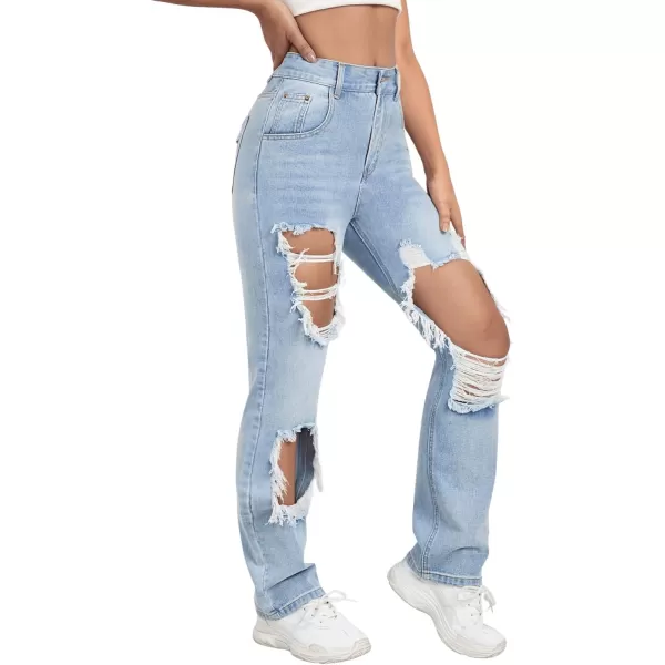 SweatyRocks Women's Ripped Straight Leg Jeans High Waist Distressed Cutout Denim Pants