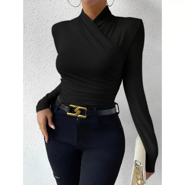 SweatyRocks Women's Ruched Mock Neck Long Sleeve T Shirt Solid Slim Fitted Tee Tops