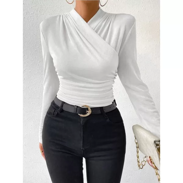 SweatyRocks Women's Ruched Mock Neck Long Sleeve T Shirt Solid Slim Fitted Tee Tops