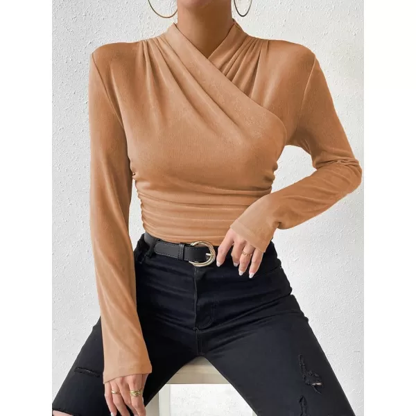 SweatyRocks Women's Ruched Mock Neck Long Sleeve T Shirt Solid Slim Fitted Tee Tops