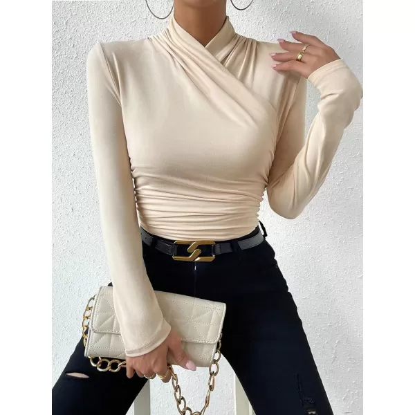 SweatyRocks Women's Ruched Mock Neck Long Sleeve T Shirt Solid Slim Fitted Tee Tops