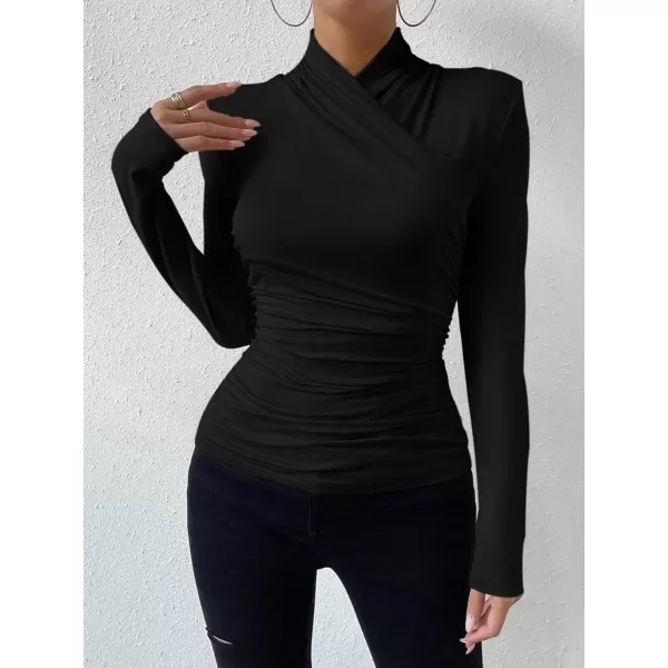 SweatyRocks Women's Ruched Mock Neck Long Sleeve T Shirt Solid Slim Fitted Tee Tops