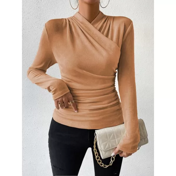 SweatyRocks Women's Ruched Mock Neck Long Sleeve T Shirt Solid Slim Fitted Tee Tops