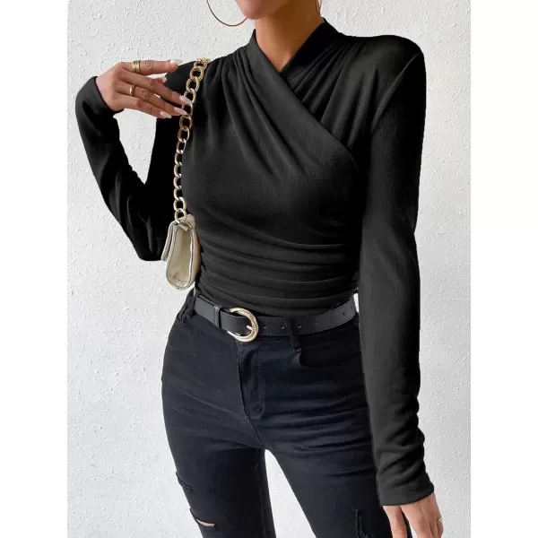 SweatyRocks Women's Ruched Mock Neck Long Sleeve T Shirt Solid Slim Fitted Tee Tops