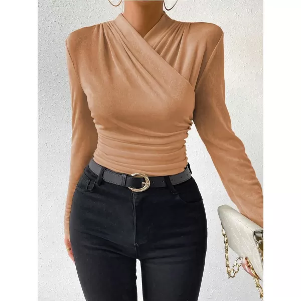 SweatyRocks Women's Ruched Mock Neck Long Sleeve T Shirt Solid Slim Fitted Tee Tops