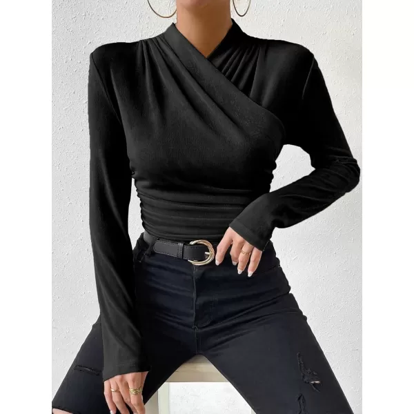 SweatyRocks Women's Ruched Mock Neck Long Sleeve T Shirt Solid Slim Fitted Tee Tops