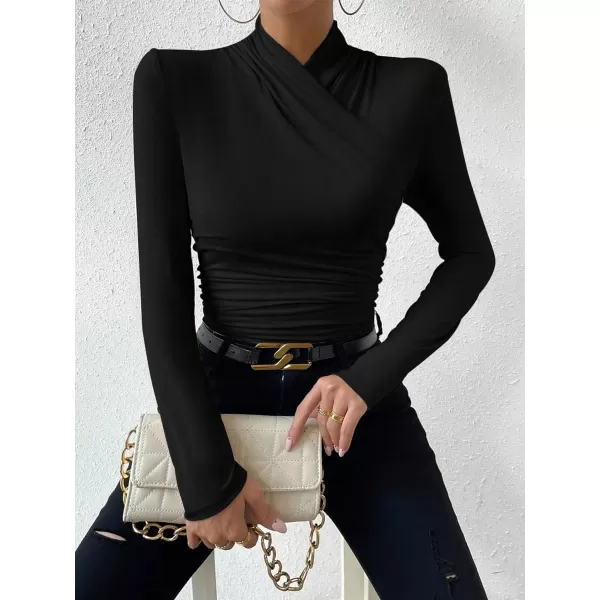 SweatyRocks Women's Ruched Mock Neck Long Sleeve T Shirt Solid Slim Fitted Tee Tops