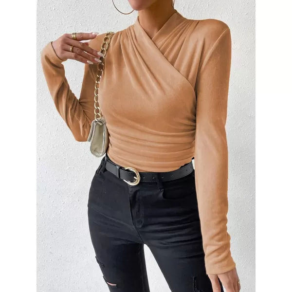 SweatyRocks Women's Ruched Mock Neck Long Sleeve T Shirt Solid Slim Fitted Tee Tops