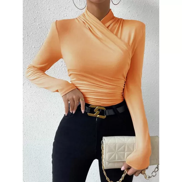 SweatyRocks Women's Ruched Mock Neck Long Sleeve T Shirt Solid Slim Fitted Tee Tops