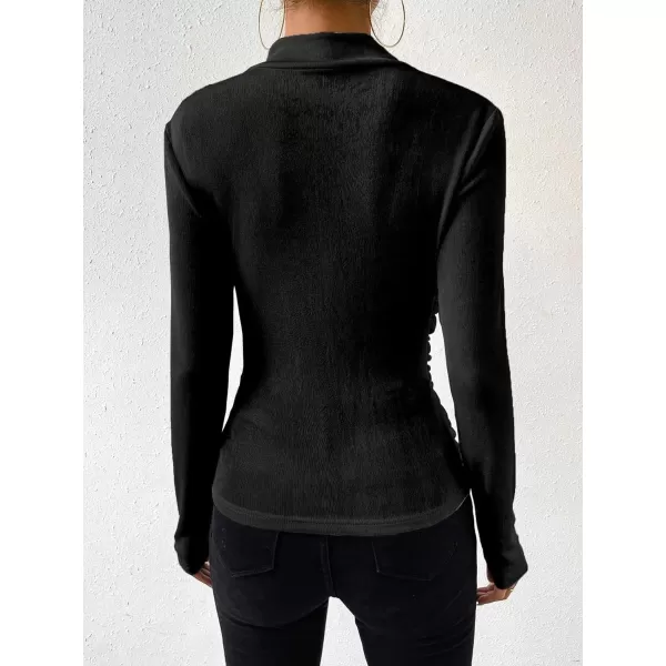 SweatyRocks Women's Ruched Mock Neck Long Sleeve T Shirt Solid Slim Fitted Tee Tops